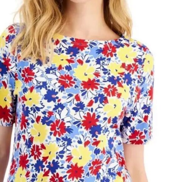 Charter Club Women's Primrose Yellow Combo Cotton Floral Boat Neck Top Sz S NWT - Picture 2 of 5